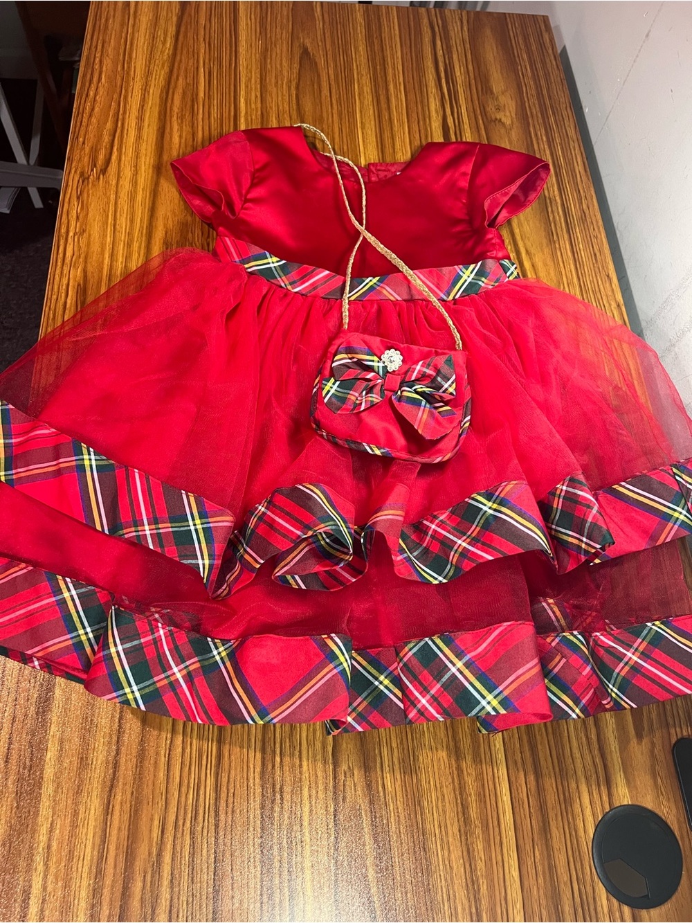 Blueberi Boulevard Red Tulle Party Dress with Tartan Trim and Purse